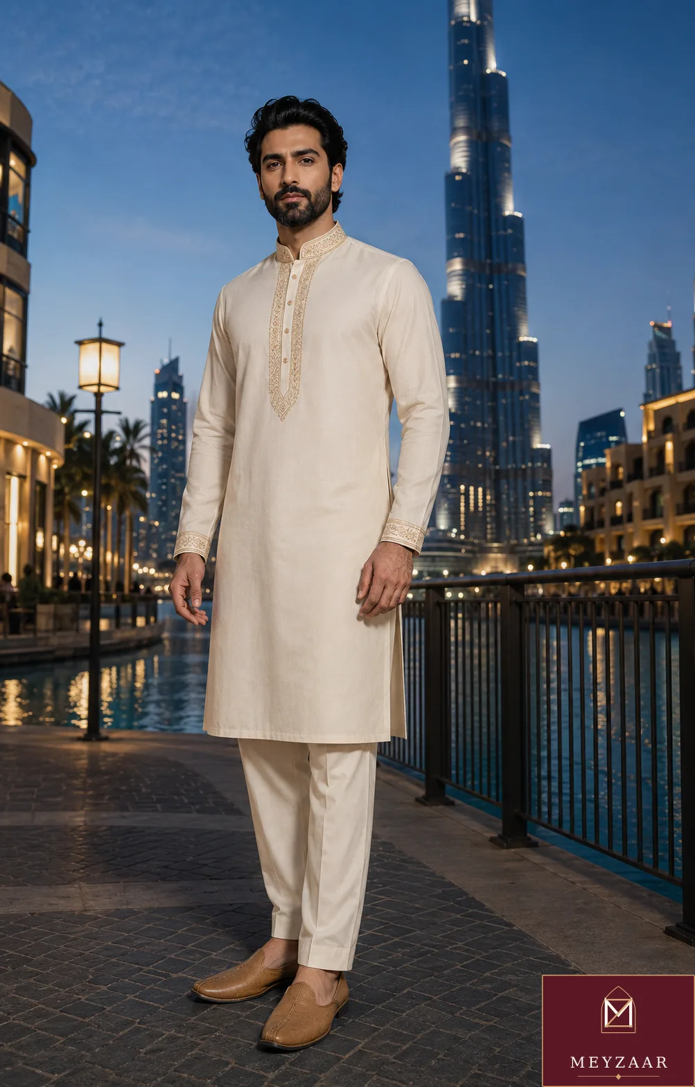 Downtown ivory, a MEYZAAR kurta & straight trouser look in Dubai