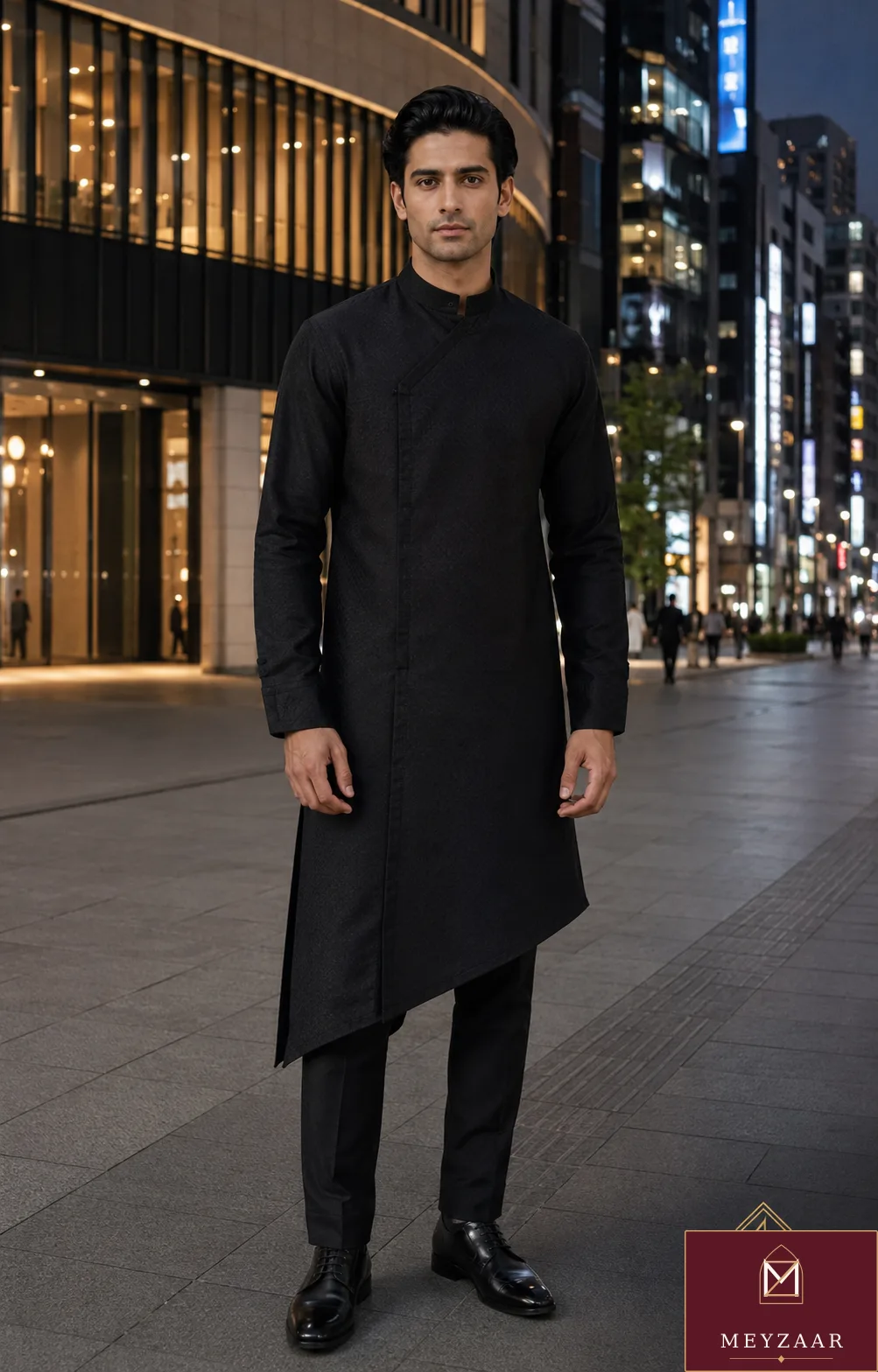 Ginza black, a MEYZAAR architectural kurta set look in Tokyo