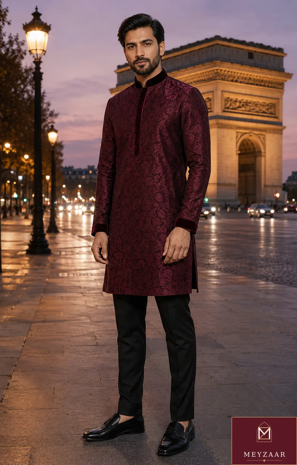 Étoile burgundy, a MEYZAAR occasion kurta set look in Paris