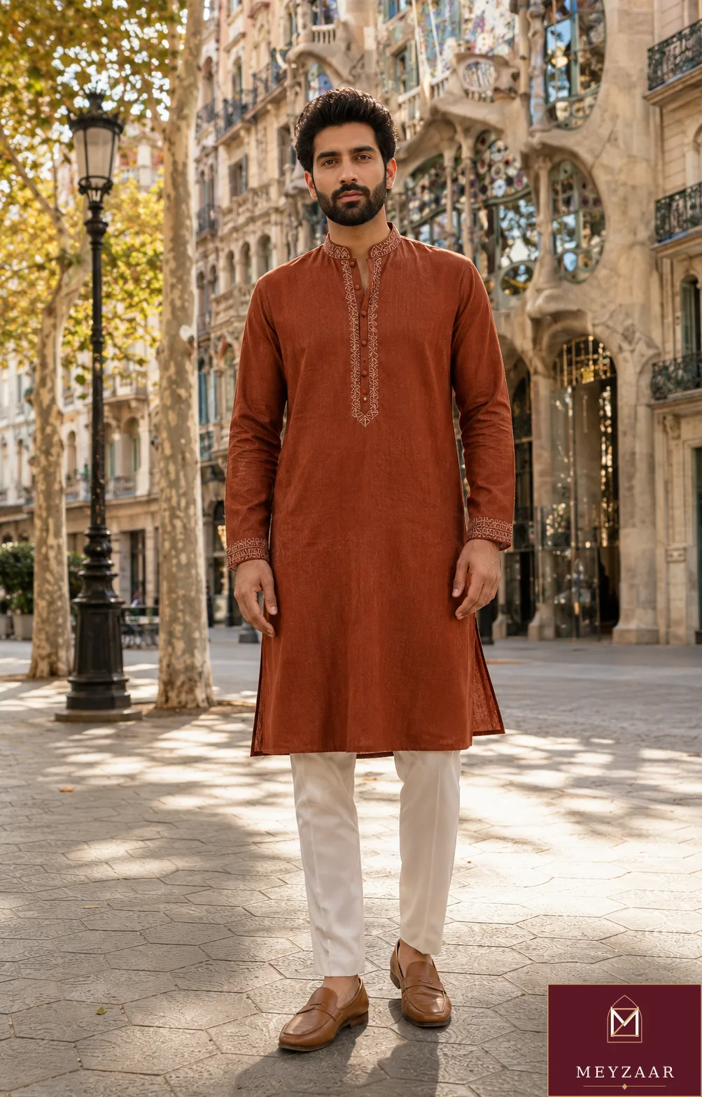 Passeig rust, a MEYZAAR kurta & trouser look in Barcelona