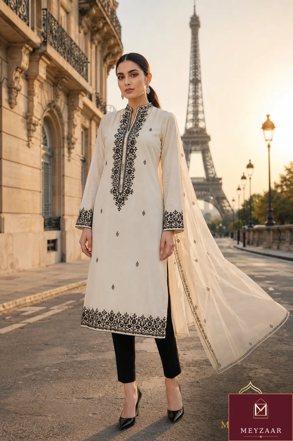 Trocadéro ivory, a MEYZAAR kameez, trouser & dupatta look in Paris