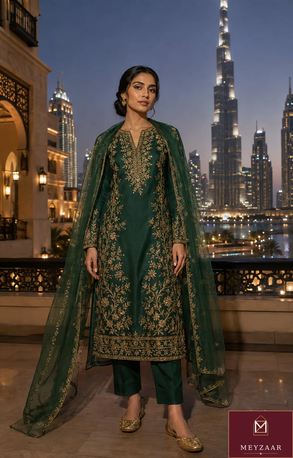 Emerald skyline, a MEYZAAR kameez, trouser & dupatta look in Dubai
