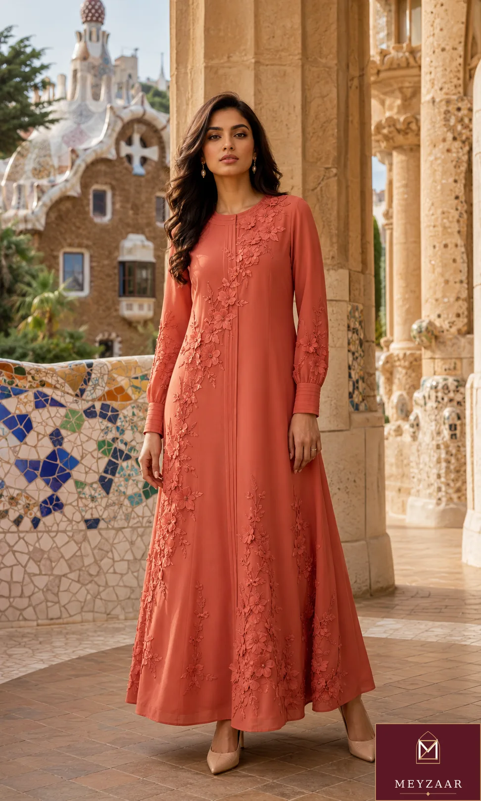 Gaudí coral, a MEYZAAR long dress look in Barcelona