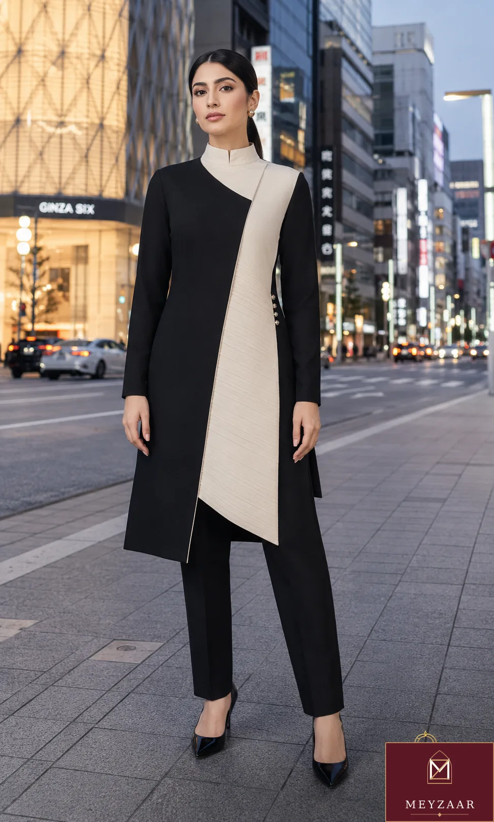 Ginza monochrome, a MEYZAAR long tunic & trouser look in Tokyo