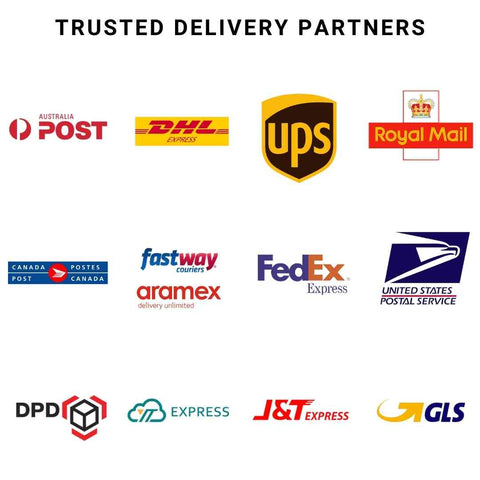Royal Mail, Canada Post, Australia Post, DHL, UPS, FedEx, USPS, Aramex, DPD and GLS delivery network logos