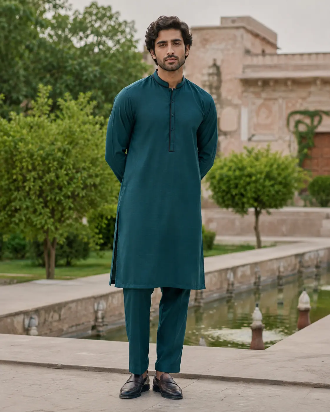 Daniyal teal band-collar kurta