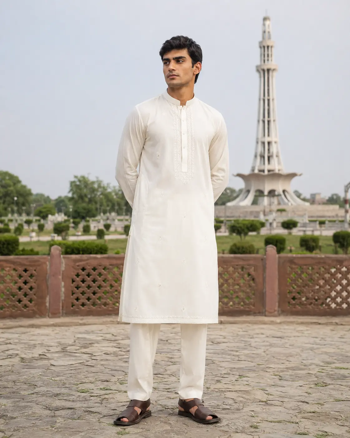 Model wearing Aamir ivory lawn set