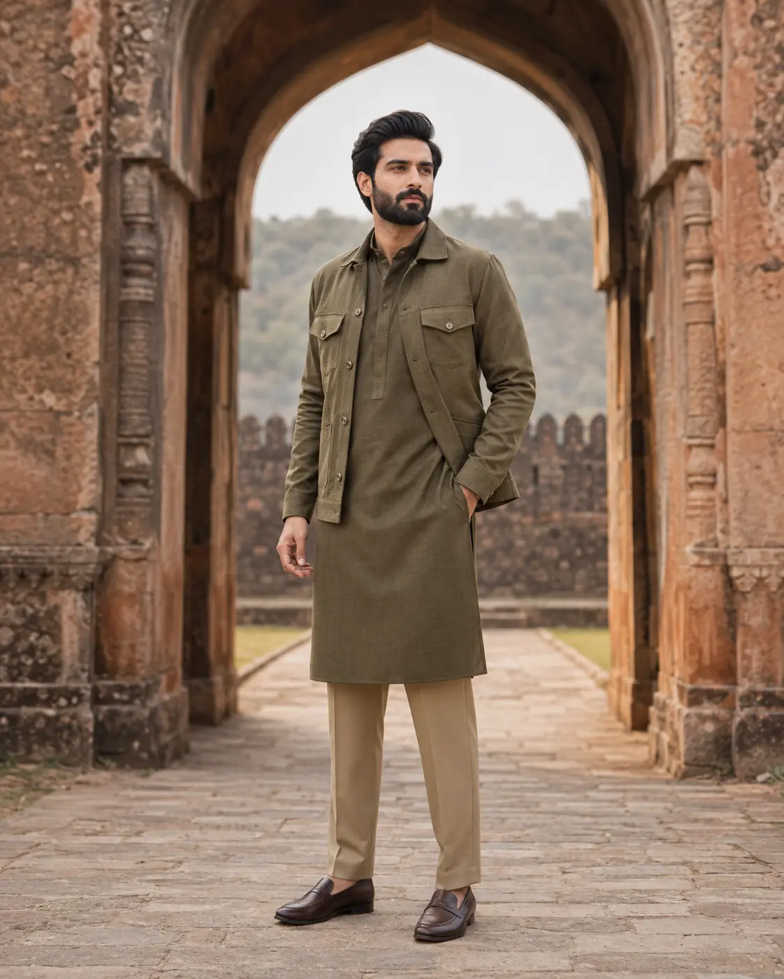 Model wearing Faris olive overshirt set