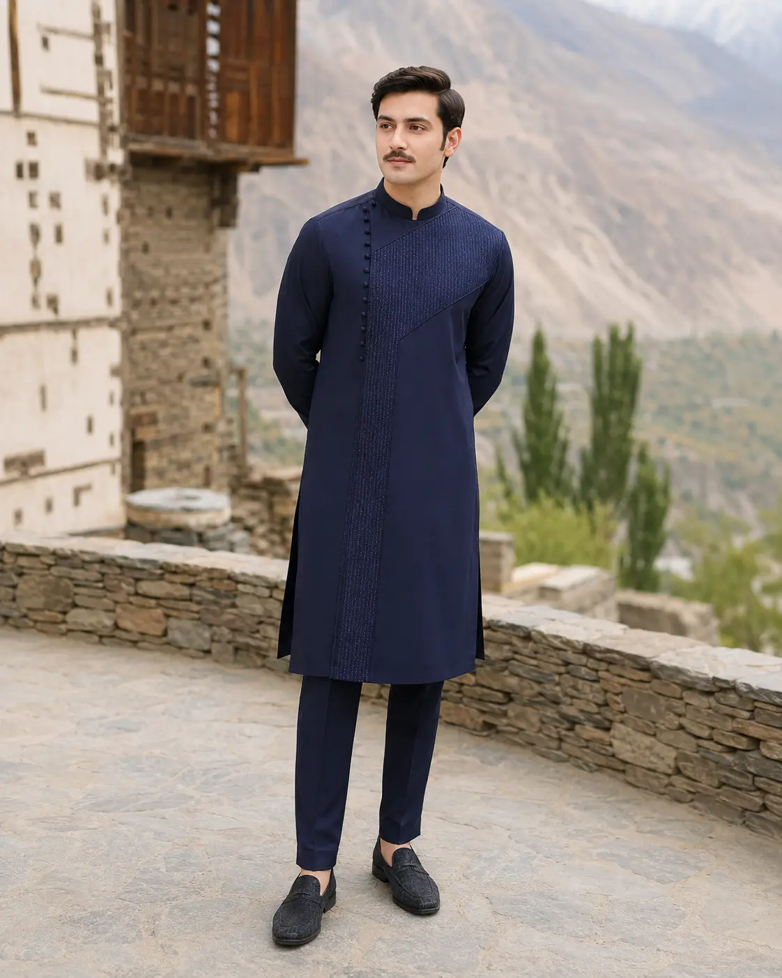 Model wearing Sameer navy panel kurta