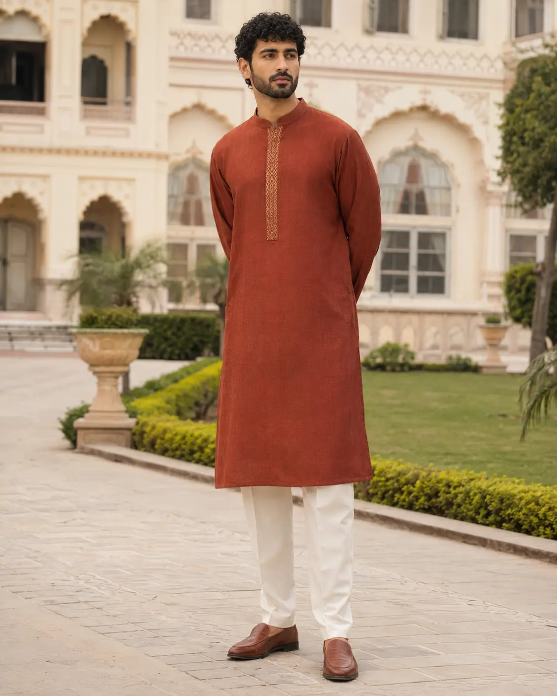 Model wearing Bilal rust linen set