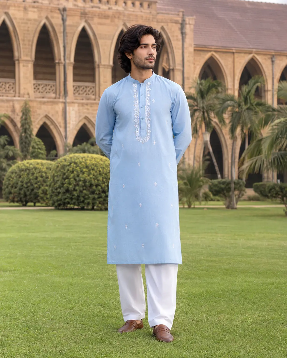 Model wearing Hamza powder-blue kurta