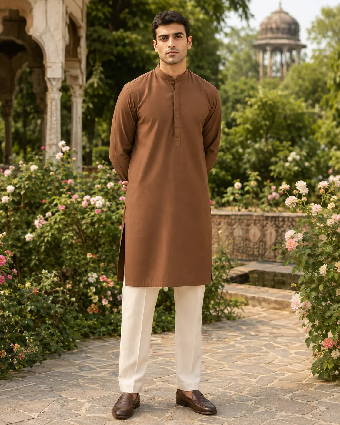 Model wearing Kareem tobacco shirt kurta
