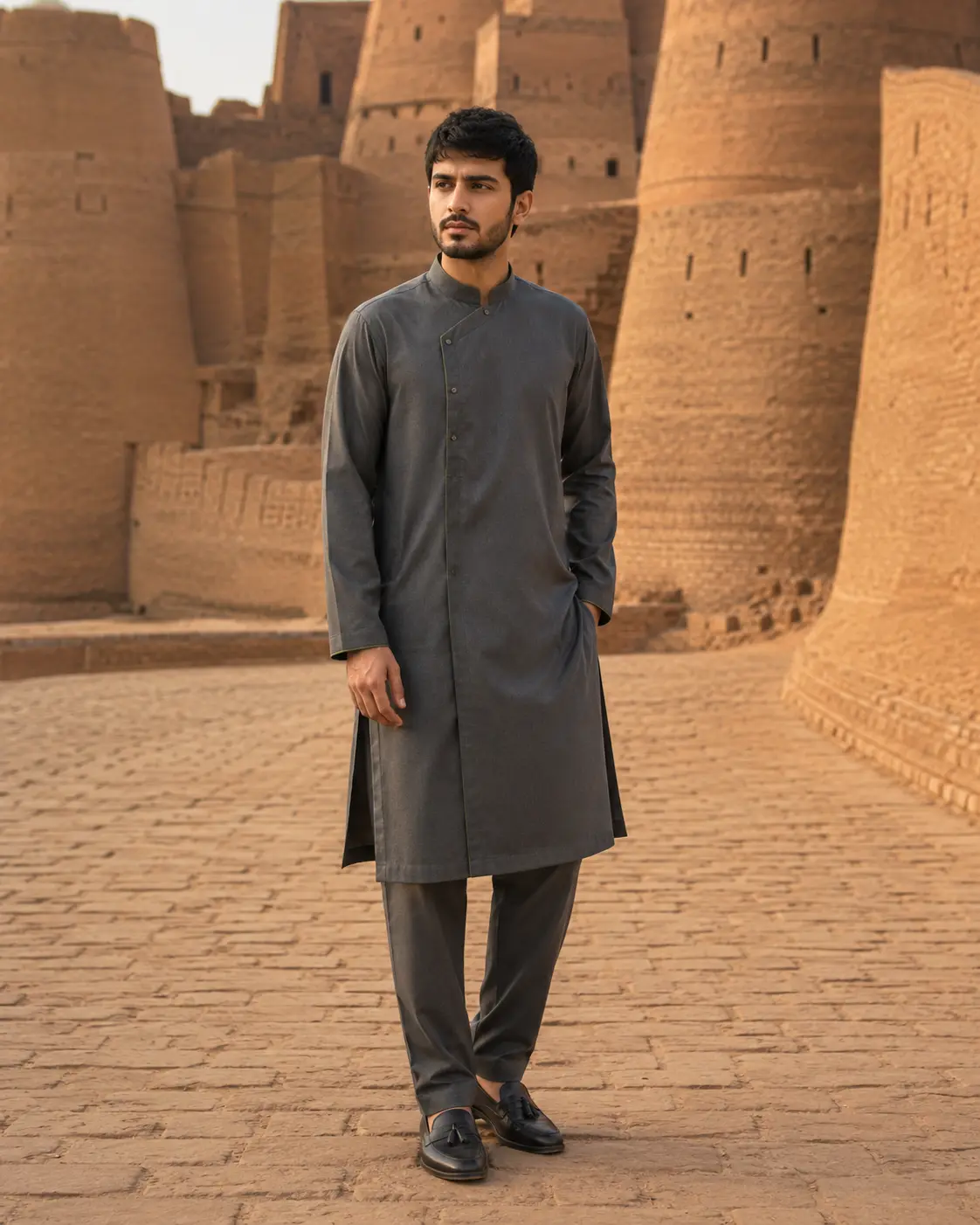 Model wearing Taimur slate offset kurta