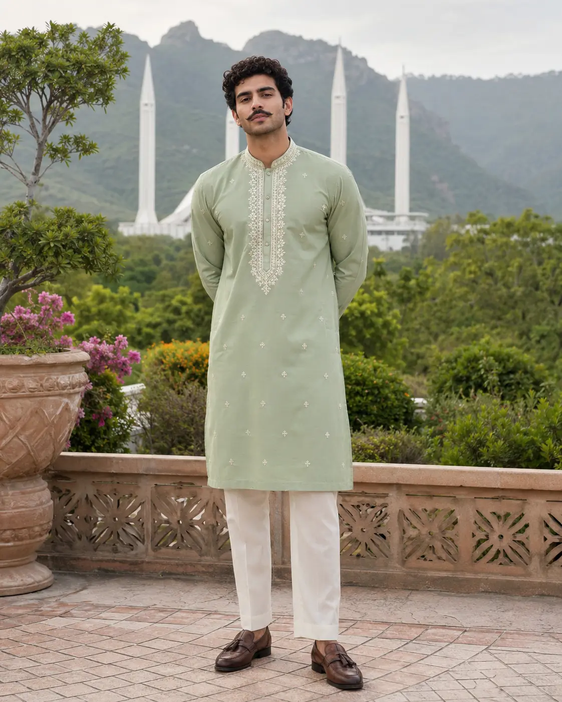Model wearing Omar sage summer set