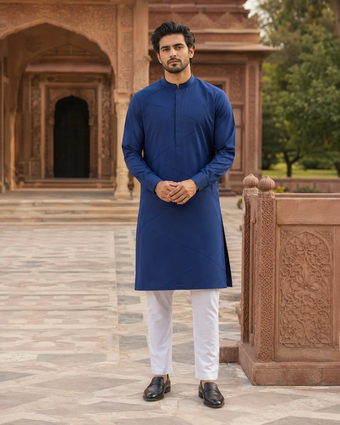 Model wearing Zain cobalt stand-collar set