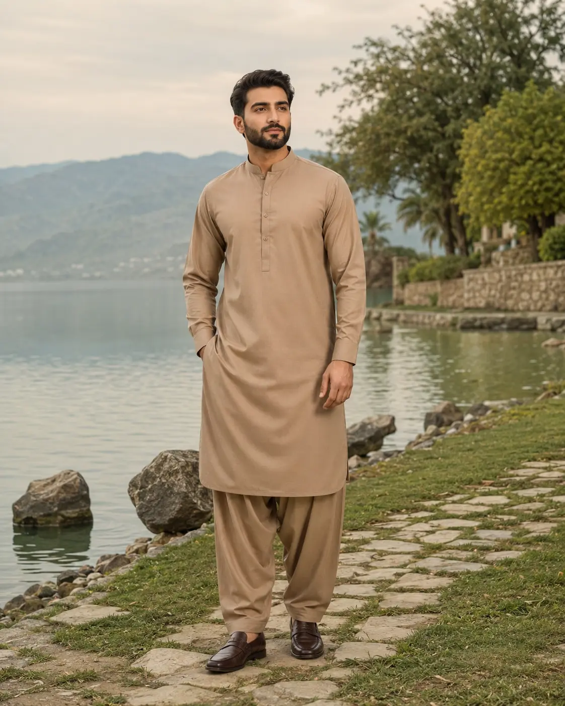 Model wearing Rahim sand shalwar set