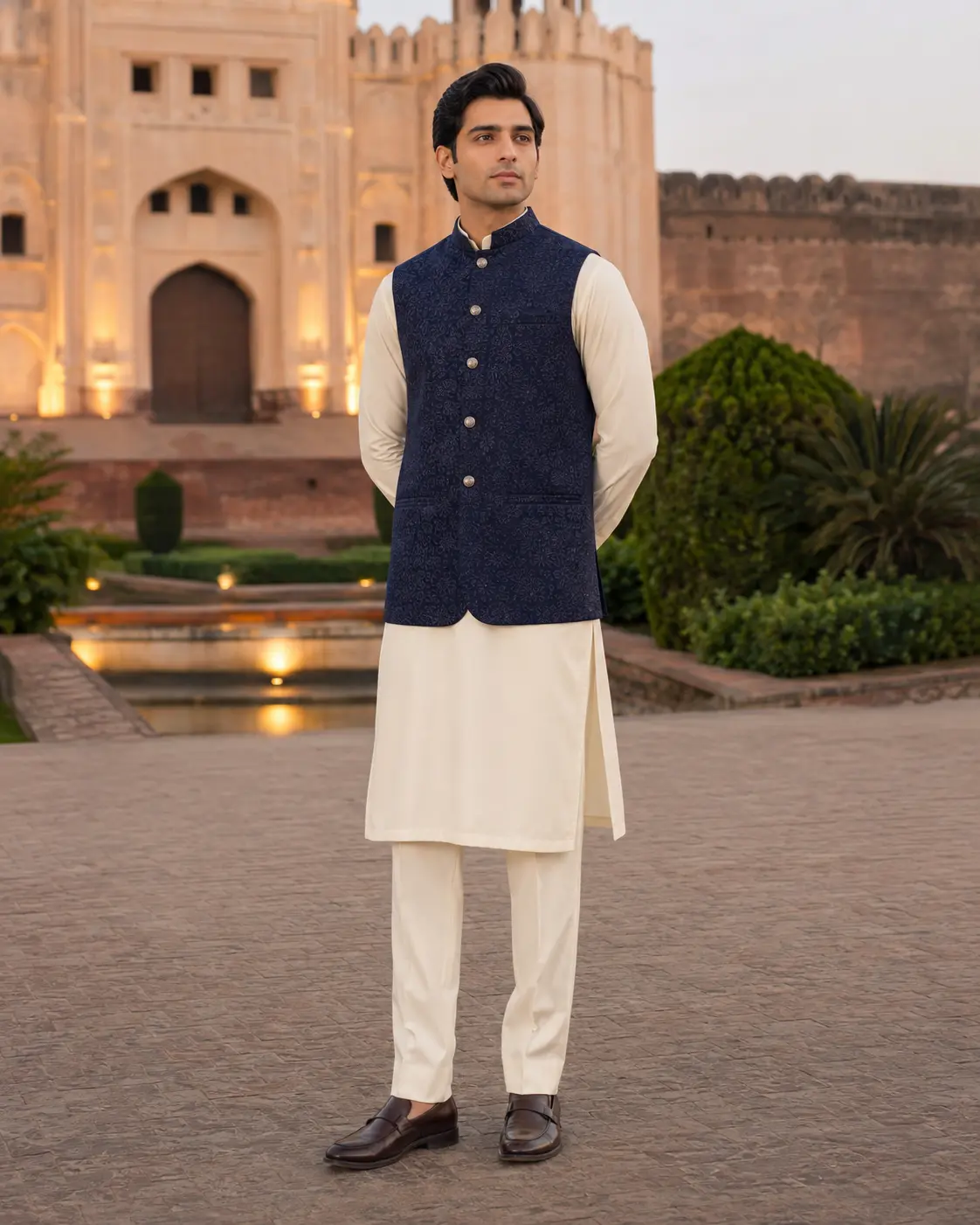 Model wearing Idris navy waistcoat set