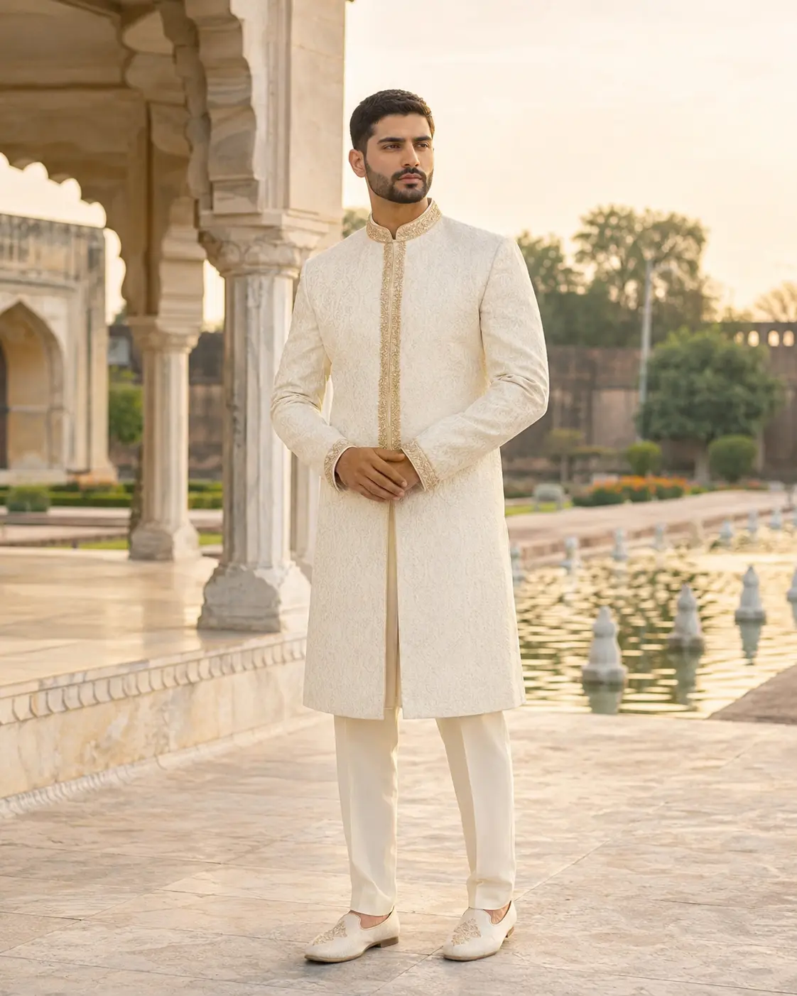 Model wearing Zayn ivory sherwani