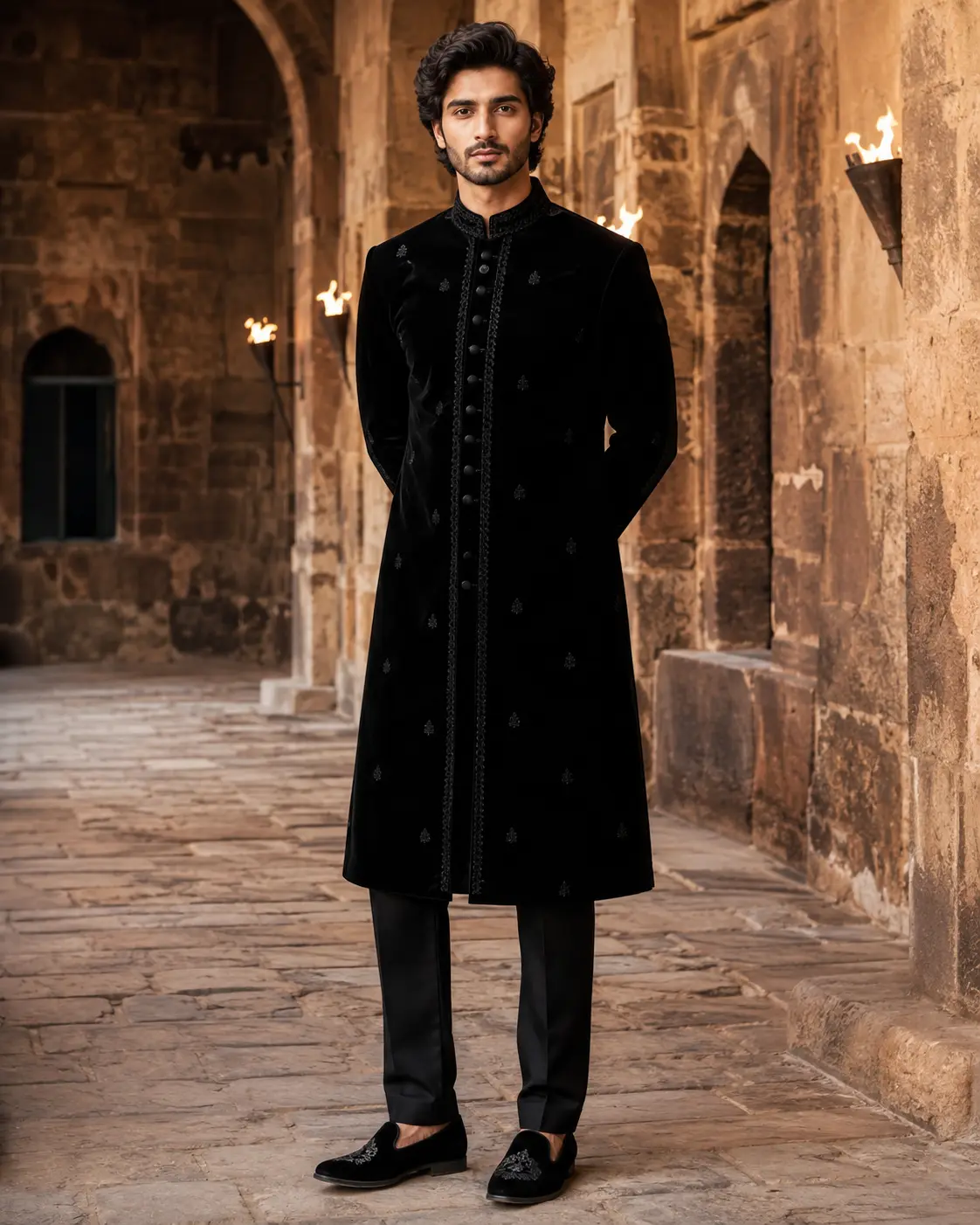 Model wearing Shahmeer black velvet sherwani