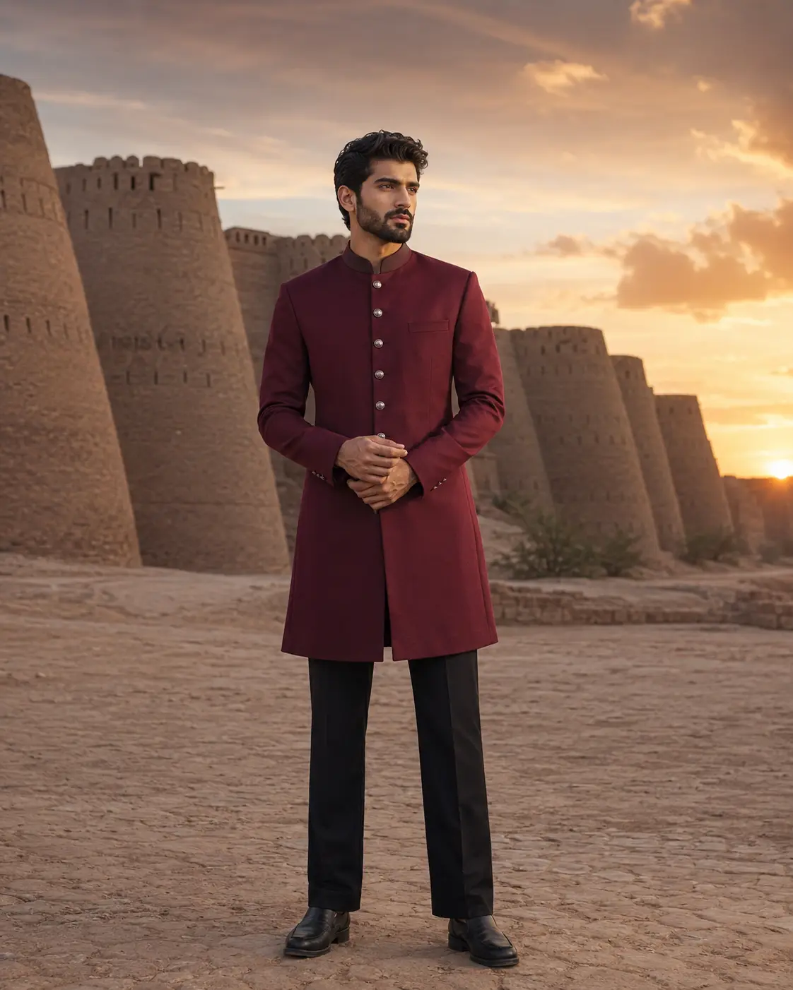 Model wearing Sikandar oxblood prince coat