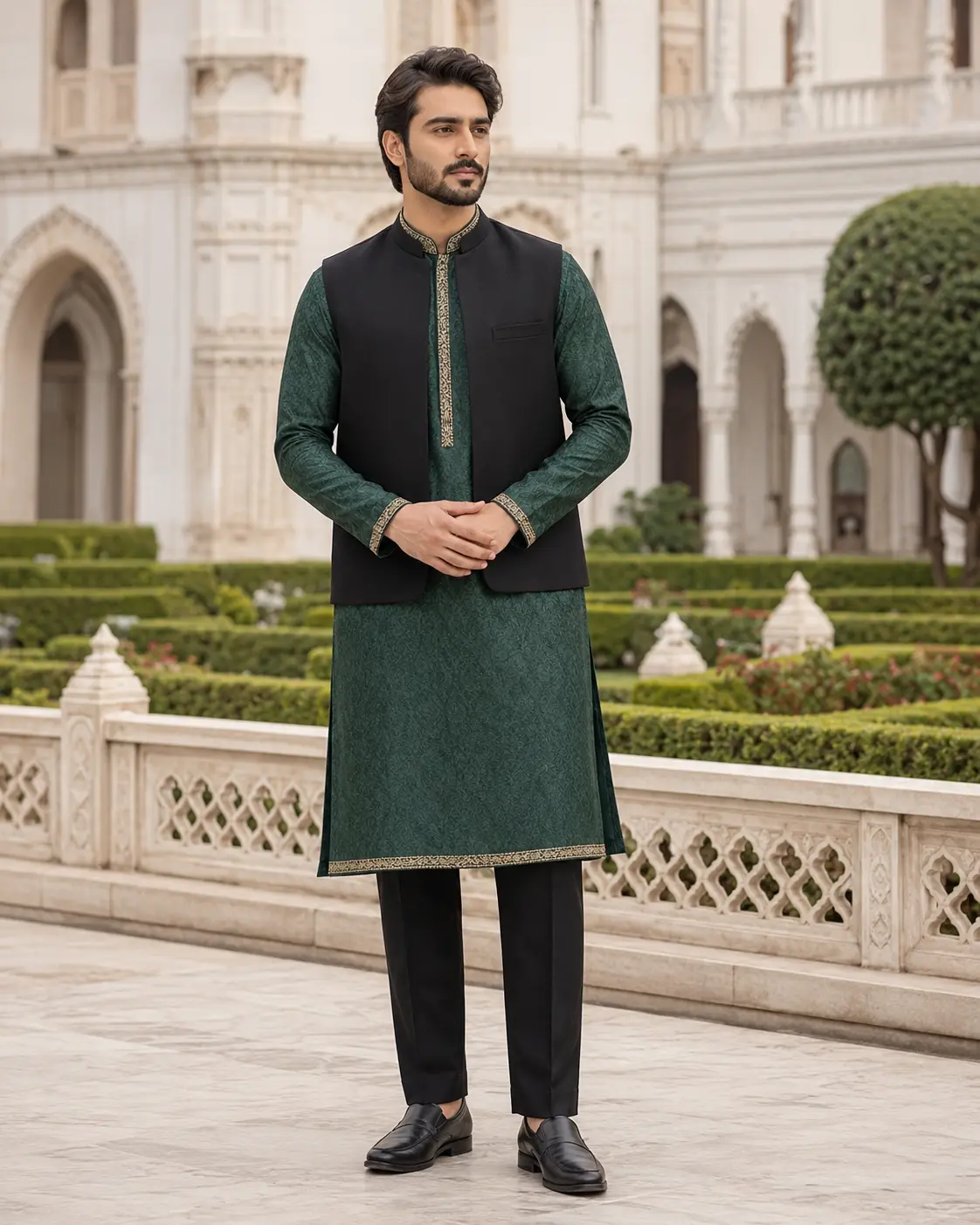 Model wearing Azlan emerald jacquard set