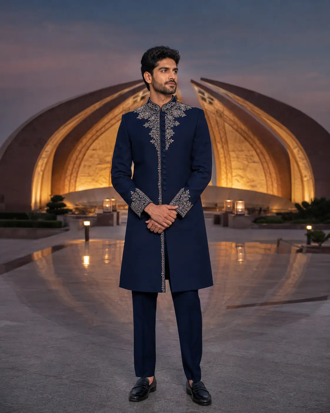 Model wearing Farhan midnight achkan