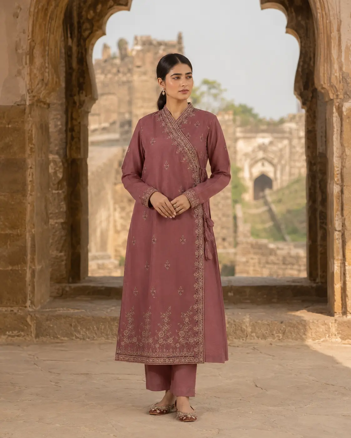 Model wearing Hira rosewood angrakha
