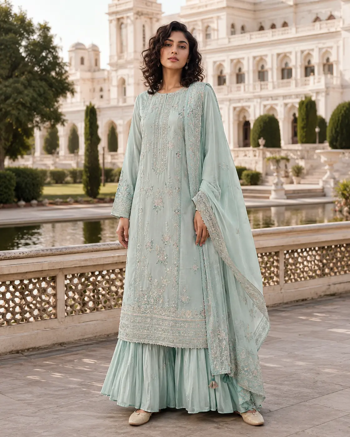 Model wearing Maha seafoam shalwar kameez