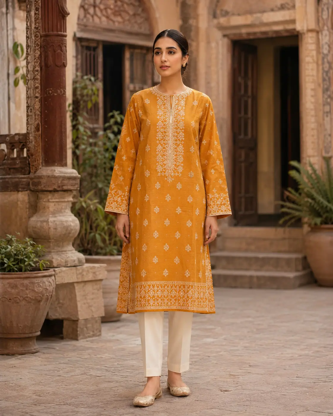 Model wearing Iman saffron A-line kurta