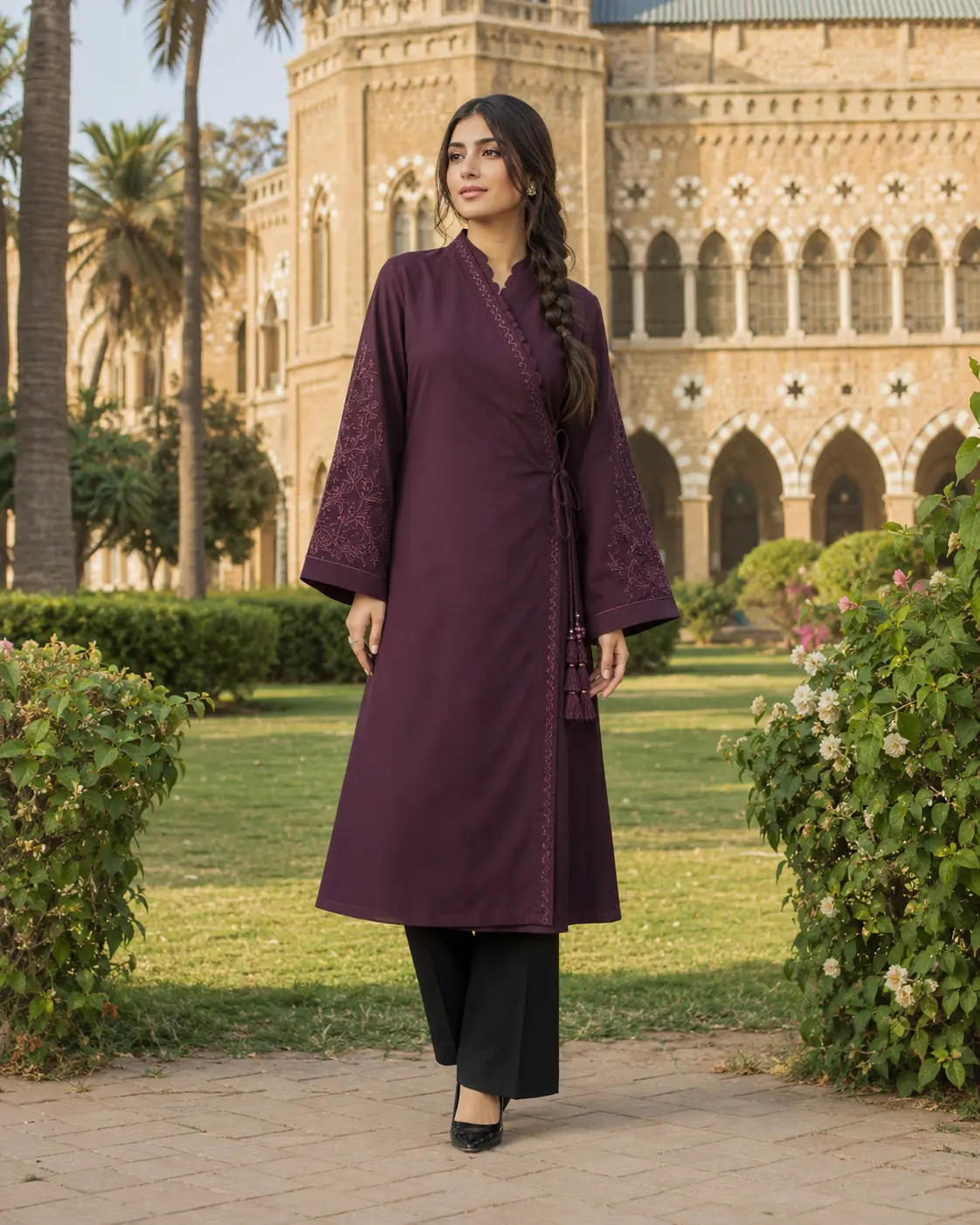Model wearing Sana plum wrap kameez