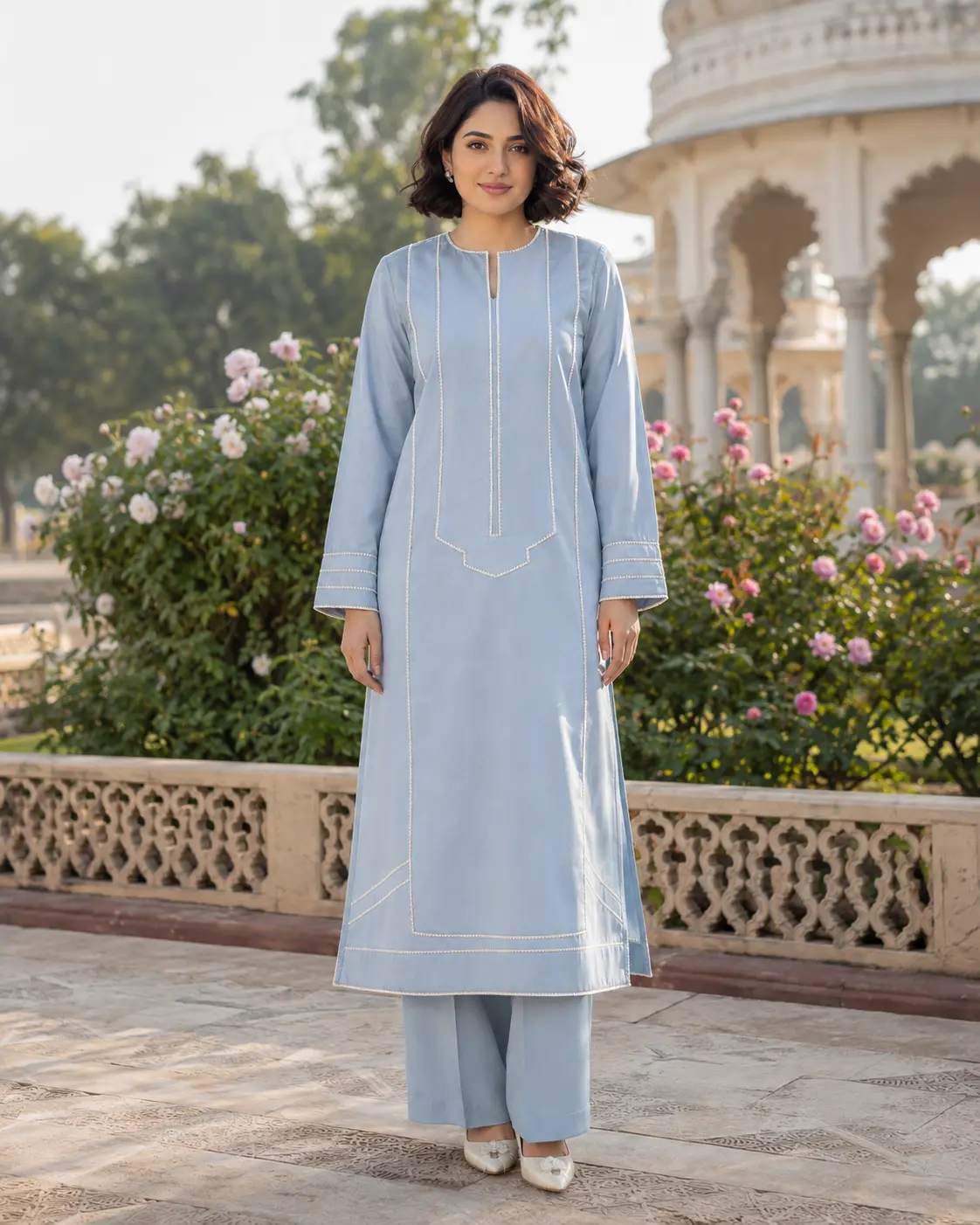 Model wearing Areeba powder-blue tunic set