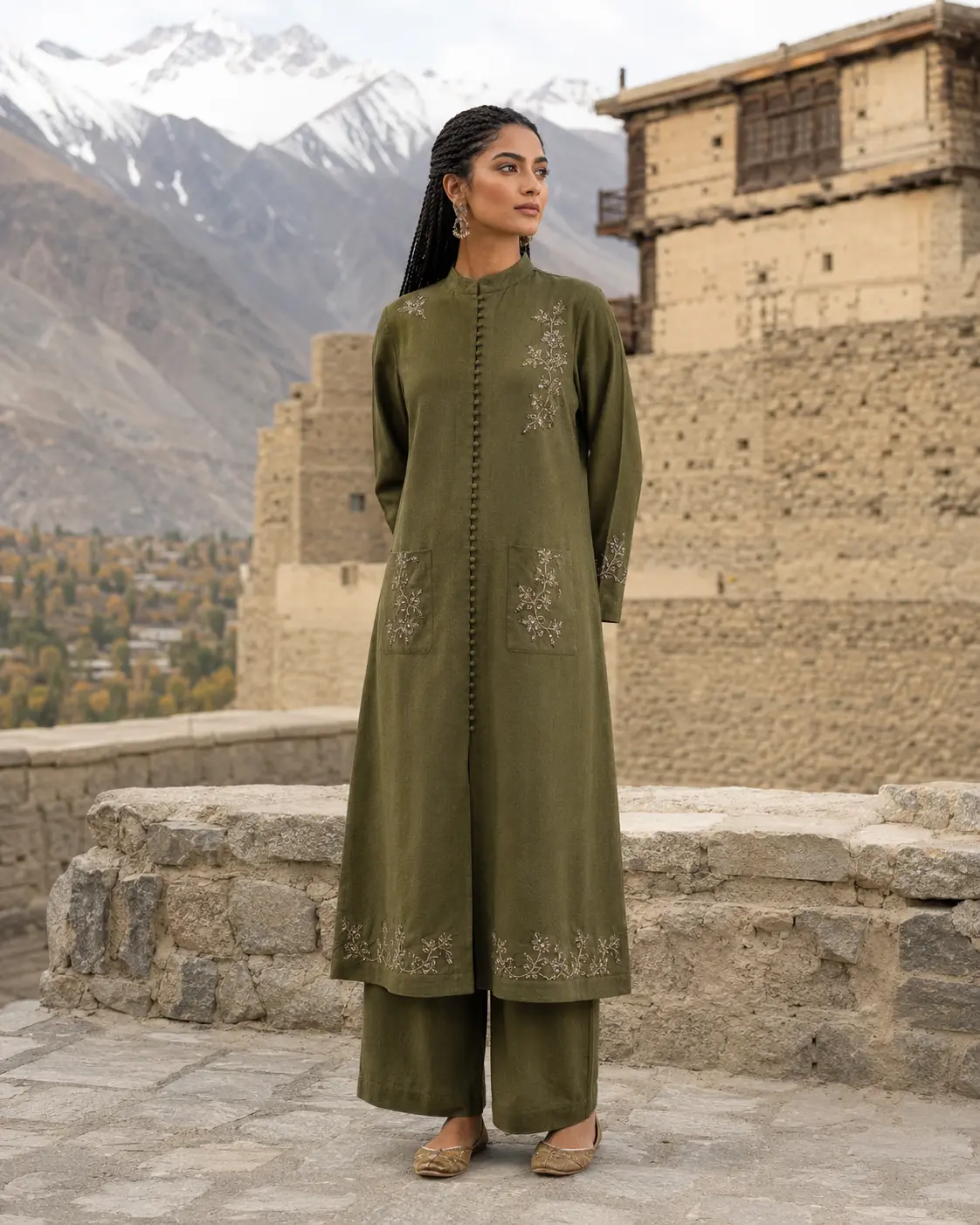 Model wearing Noor olive co-ord