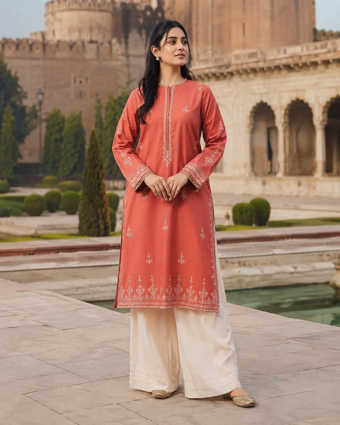 Model wearing Laila terracotta kurta set