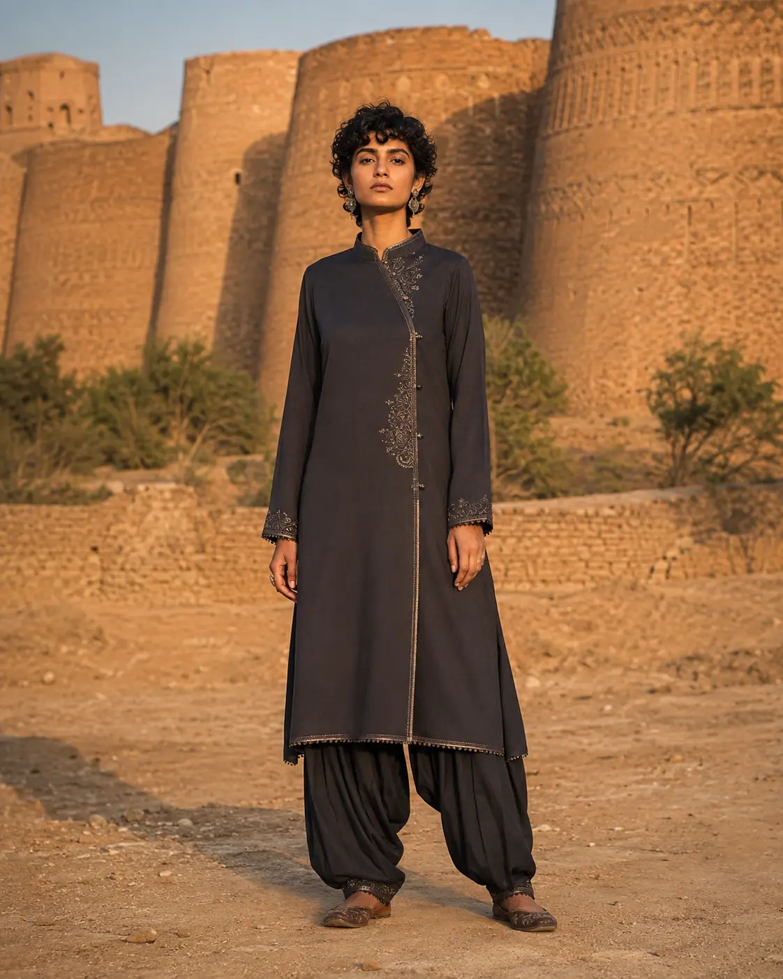 Model wearing Amara charcoal shalwar set