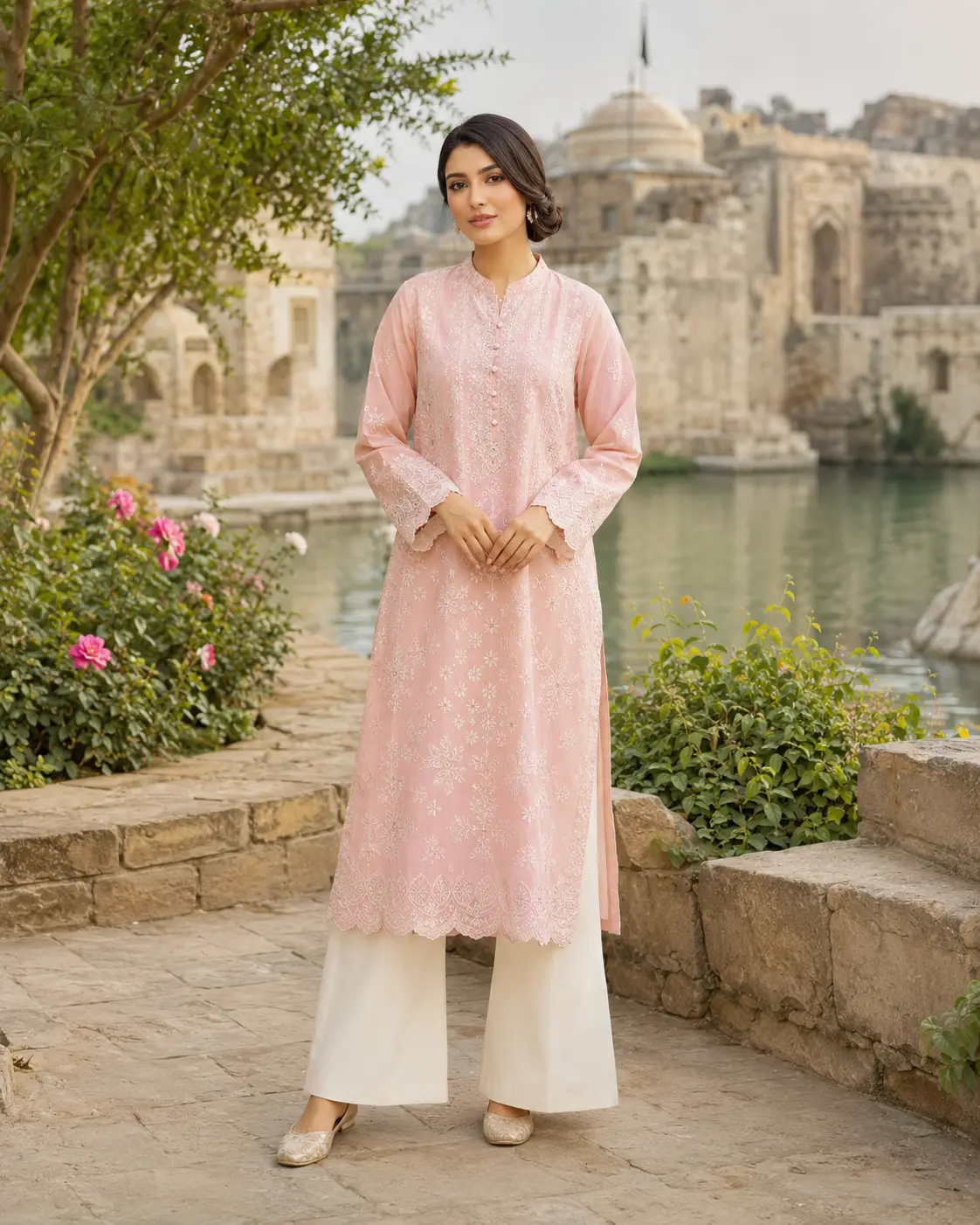 Model wearing Inaya blush embroidered set