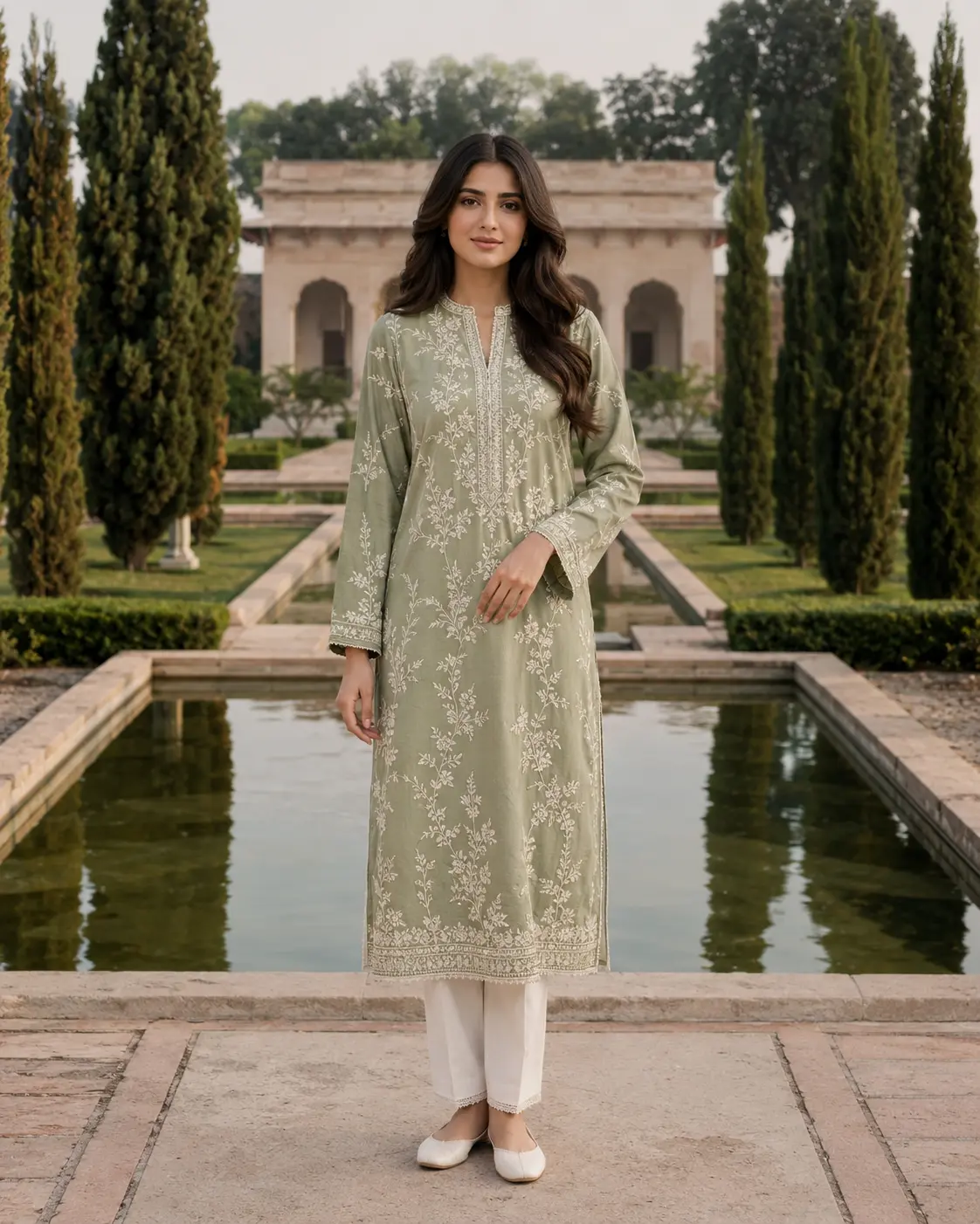 Model wearing Yasmin sage long kurta