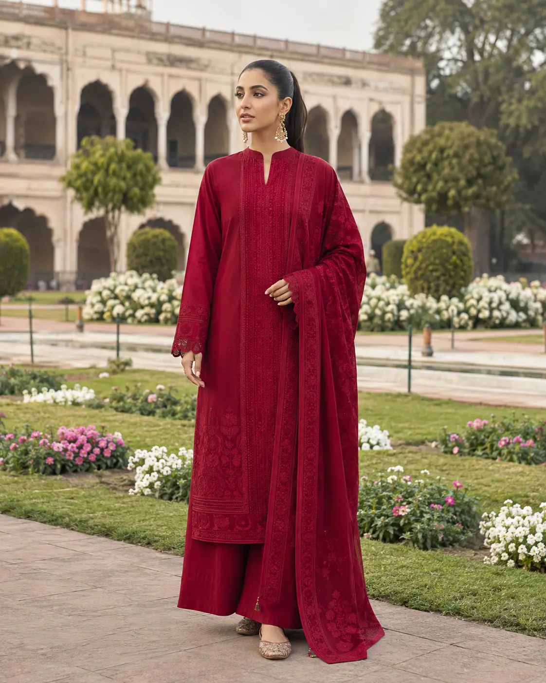 Model wearing Zoya ruby palazzo set