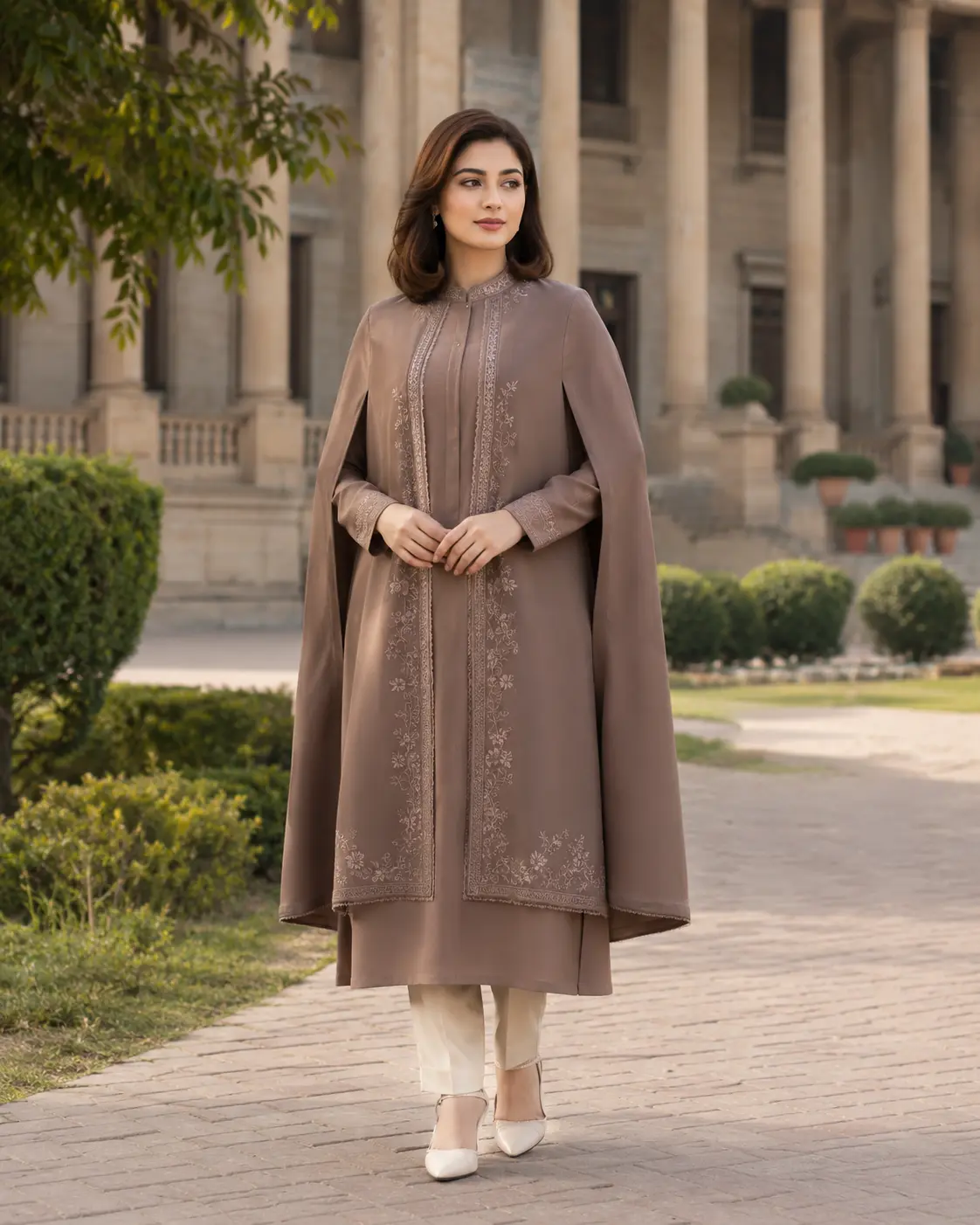 Model wearing Eliza mocha cape kurta