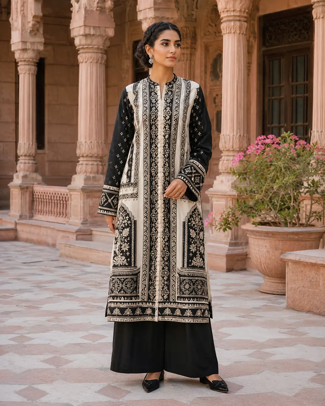 Model wearing Mahira monochrome panel set