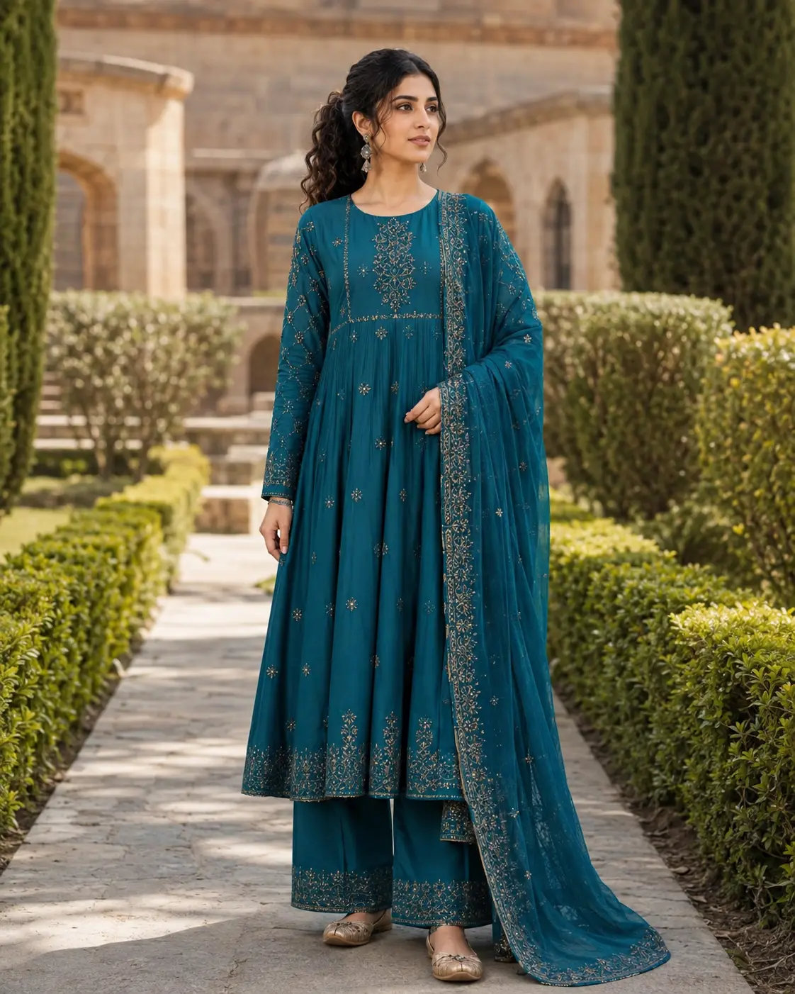 Model wearing Aleena teal kalidar