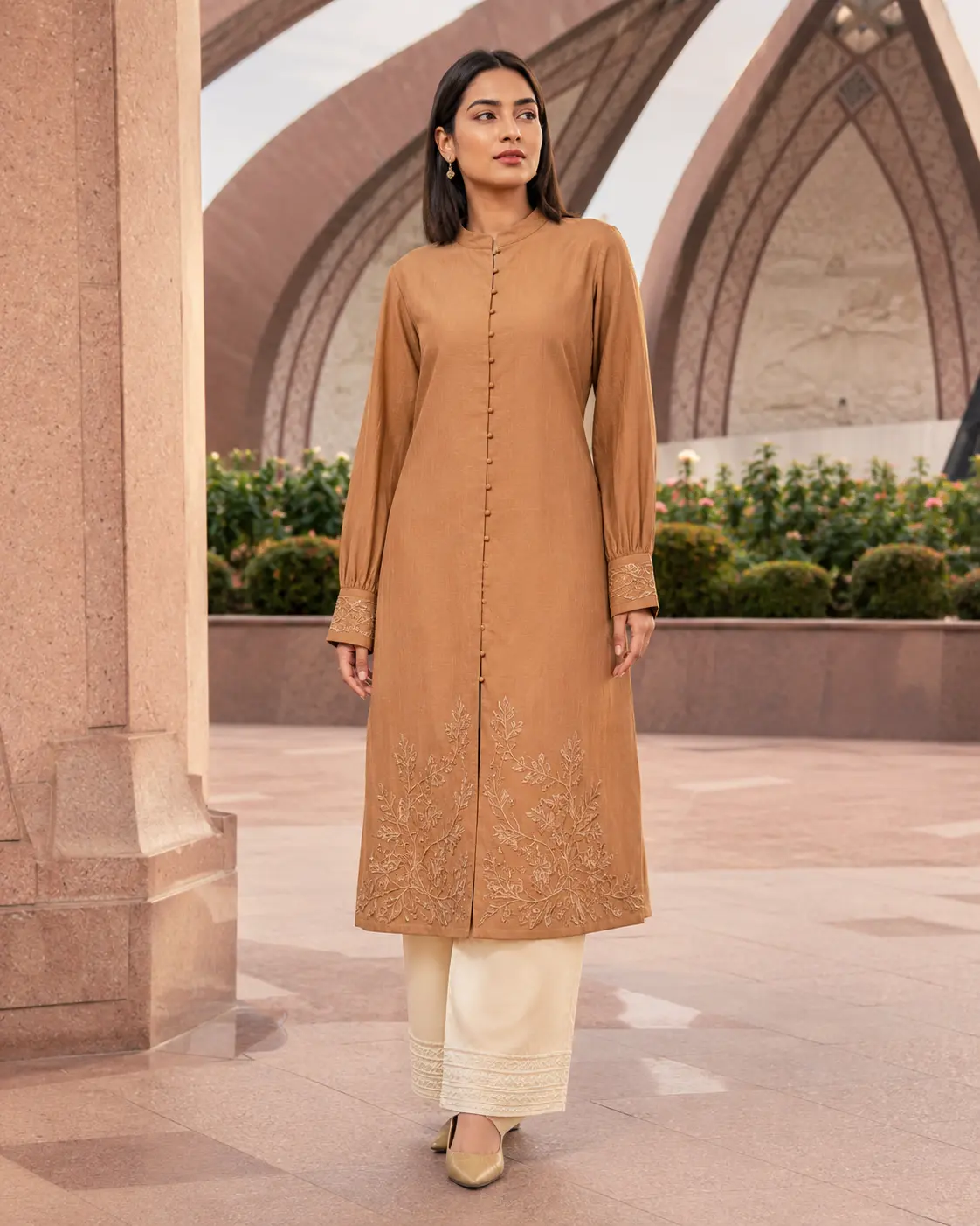 Model wearing Fariha camel shirt kurta