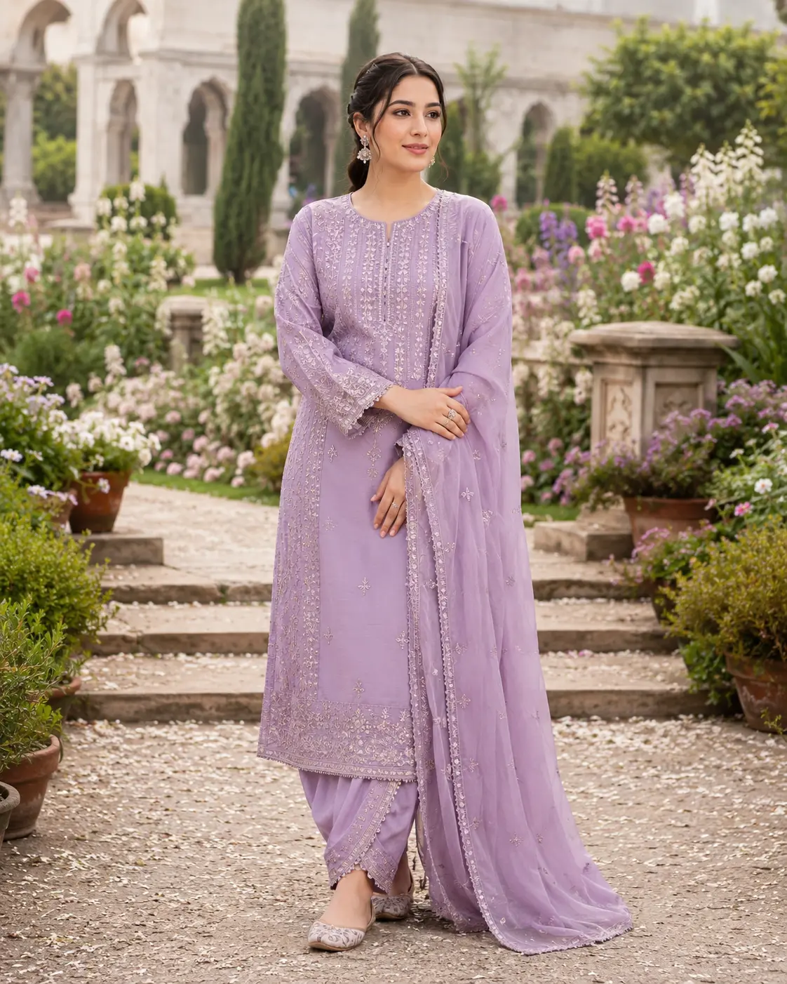 Model wearing Rania lilac tulip shalwar