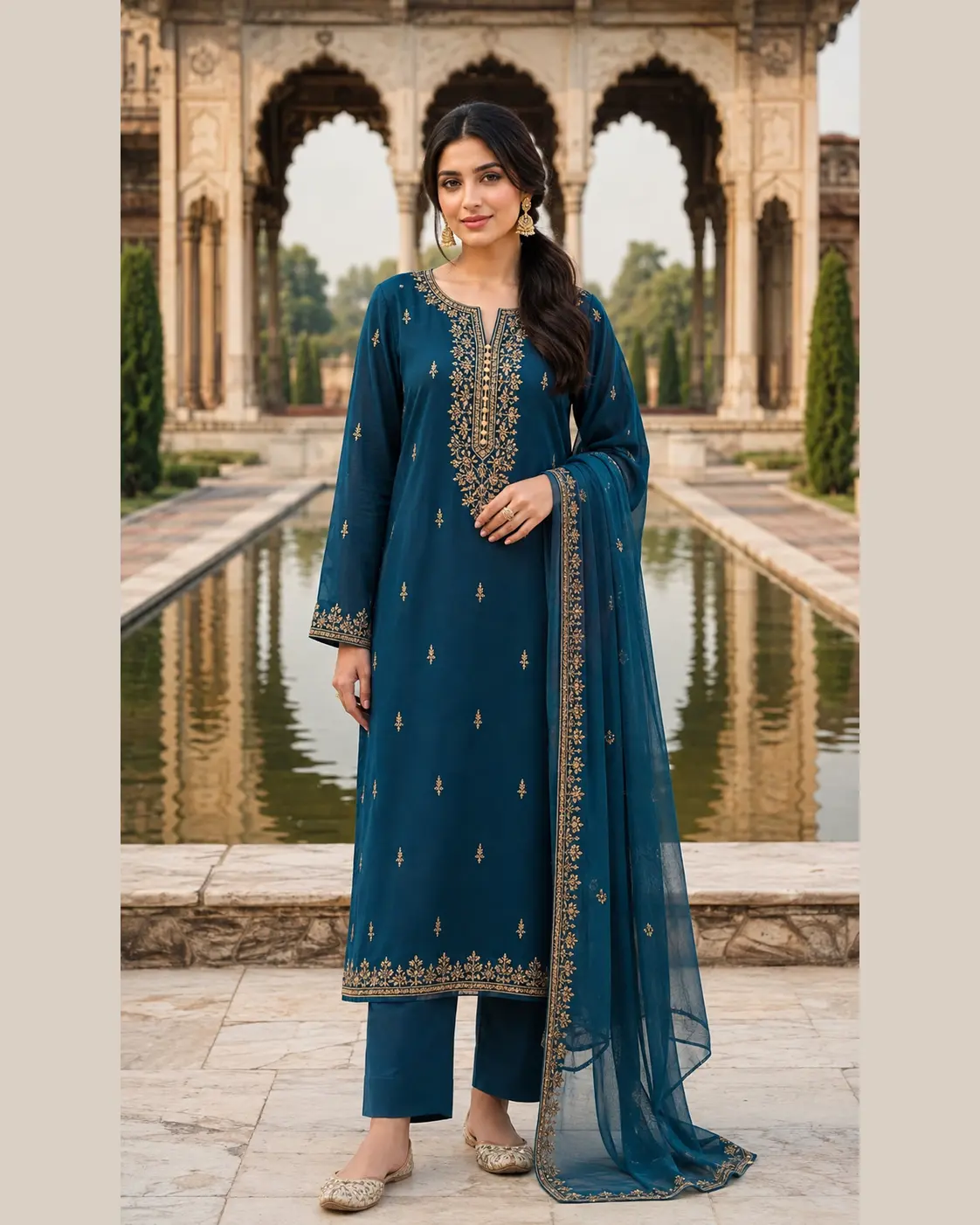 Model wearing Meher peacock-blue set