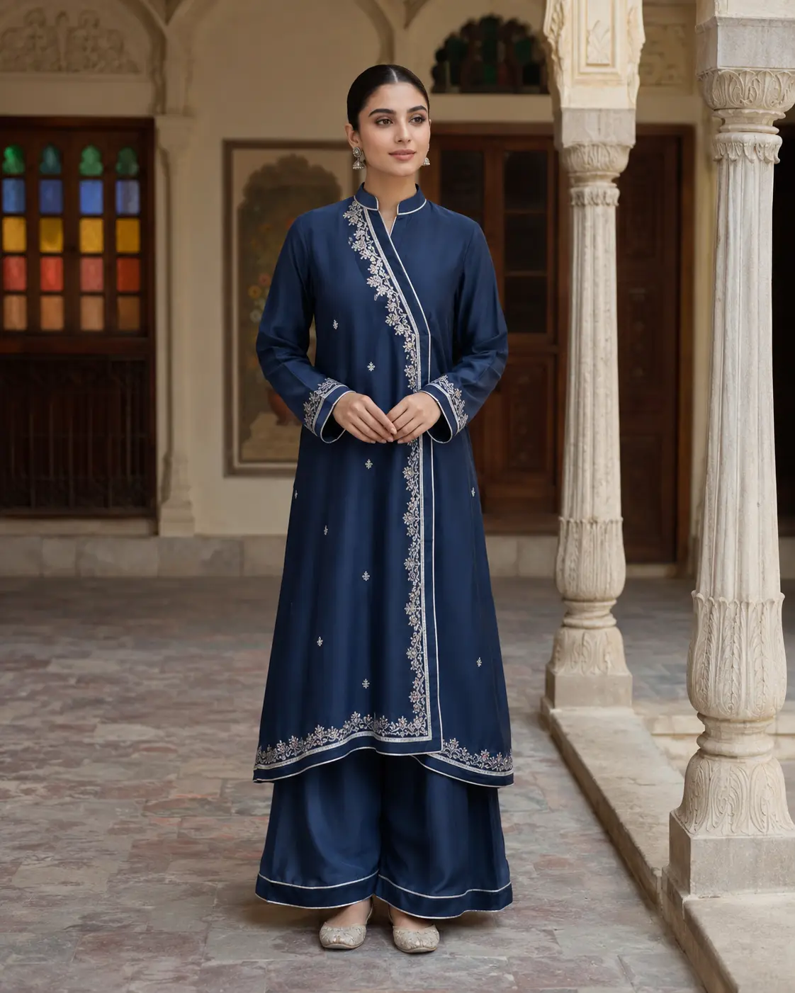 Model wearing Naima ink-blue shalwar set