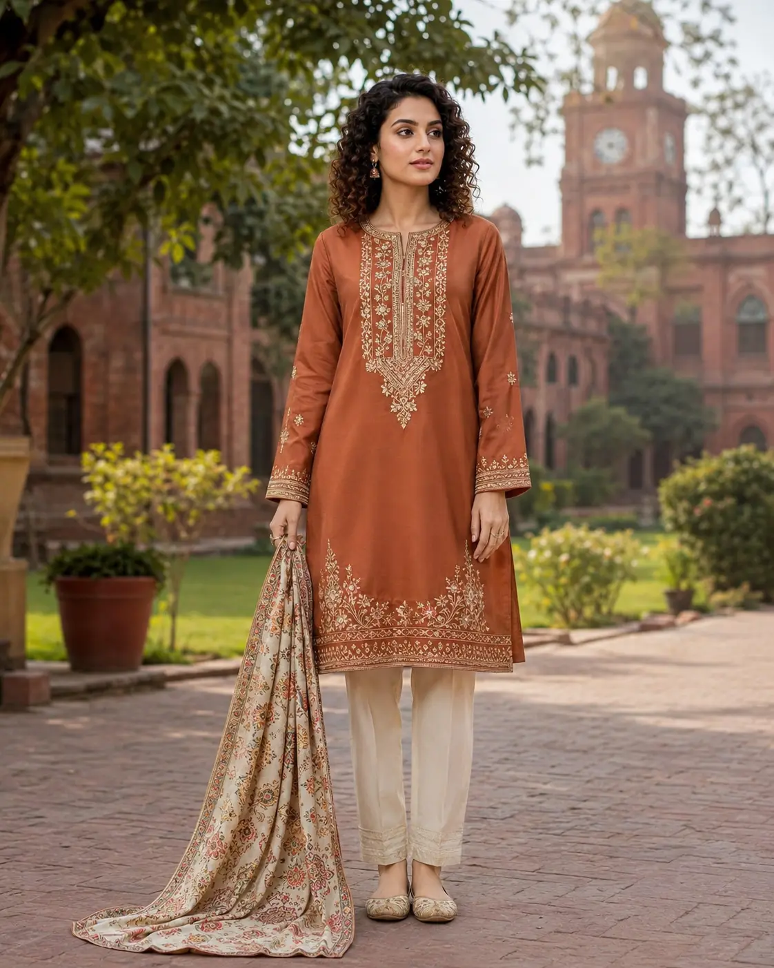 Model wearing Amna cinnamon set