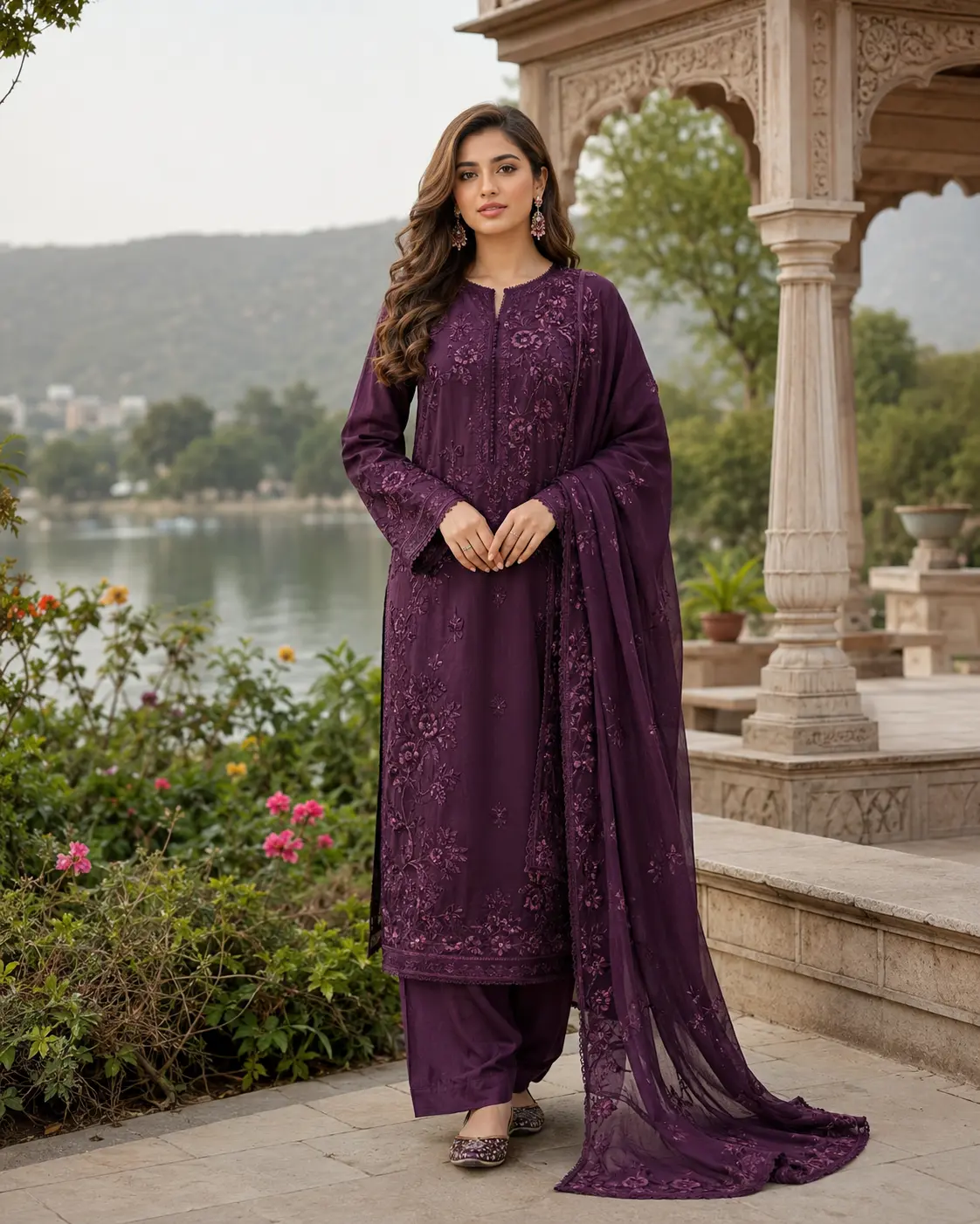 Model wearing Hania aubergine shalwar set