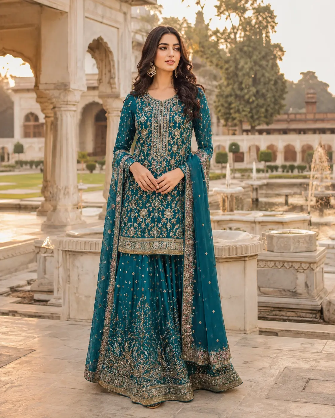 Model wearing Ziya teal modest lehenga