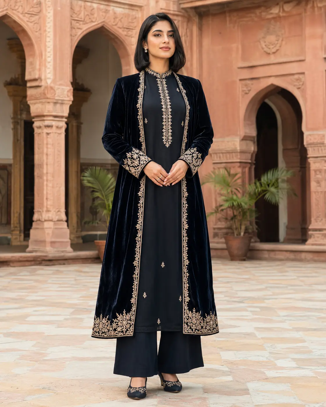Model wearing Roshni midnight velvet
