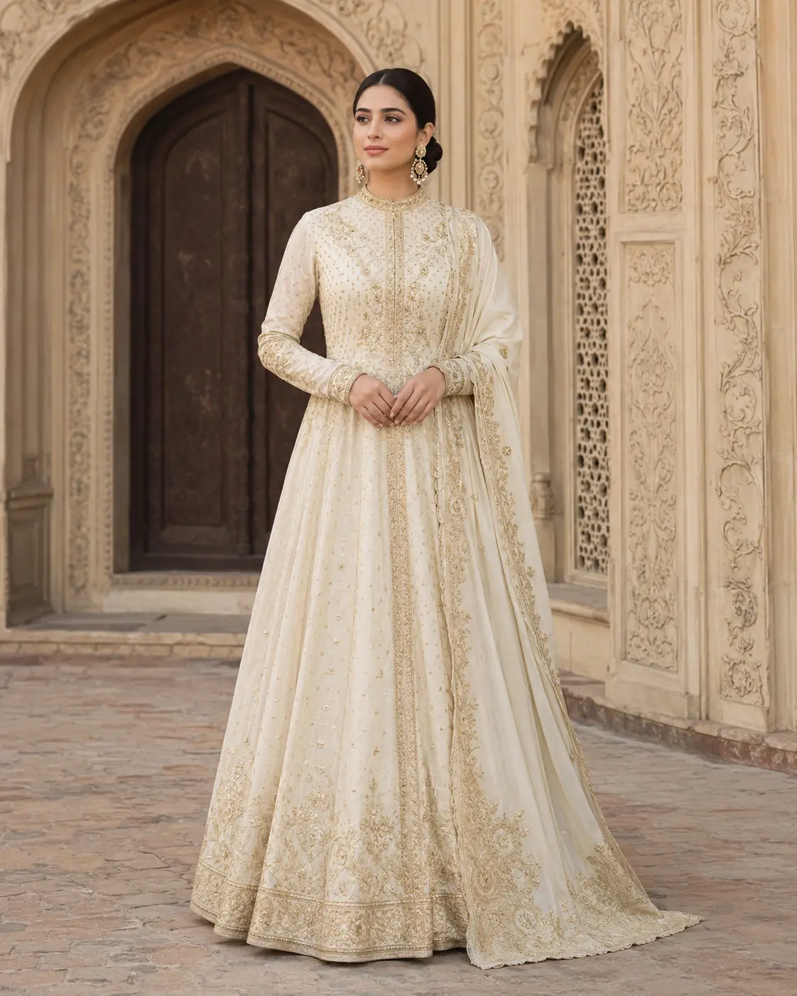 Model wearing Jahanara ivory-gold pishwas