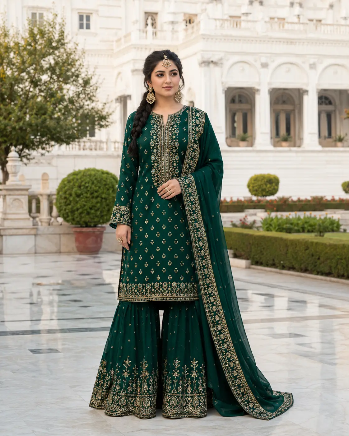Model wearing Mahnoor emerald gharara